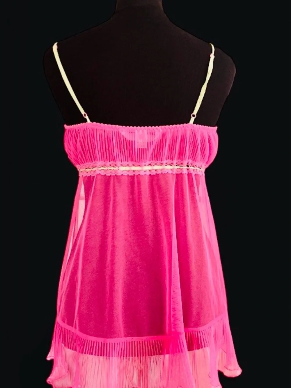 Victoria Secret Vintage Sheer Pink Babydoll Chemise with Yellow Contrast Trim